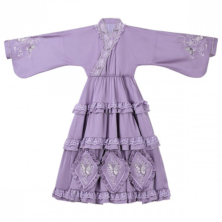 Zarte Schmetterling Schürze Lolita Kleid Schwarz Set Lila Han und Stickerei Voll Floral +