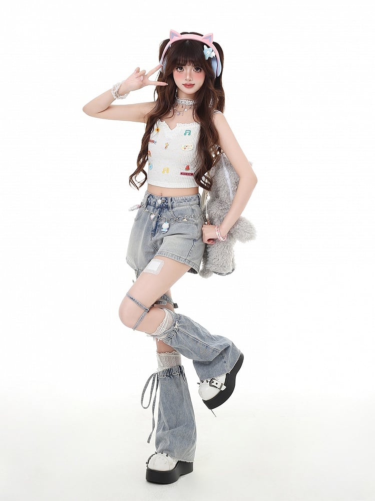 Y2K Butterfly Flared Beinwärmer Hellblaue Jeansshorts mit abnehmbarem Strumpfband