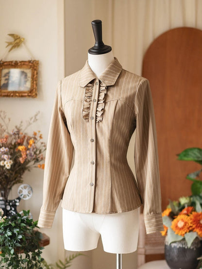 Bowtie Khaki Long with Elegant Striped Shirt Sleeves