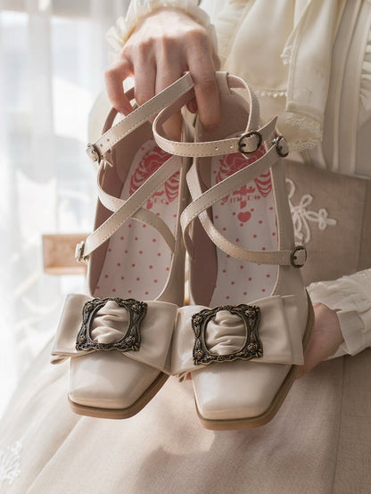 Frame Mid-heel Bow Picture Beige Design Classic Square Lolita at - Top Shoes Toe Vintage