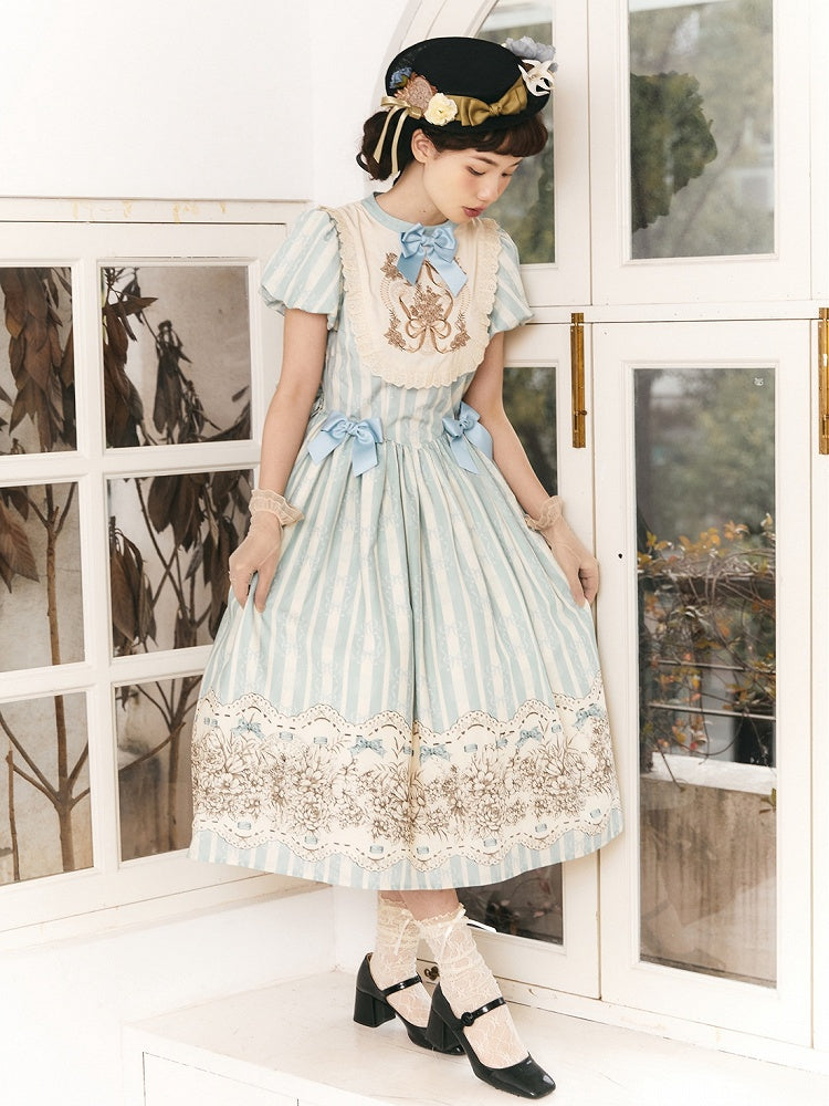 Embroidery One Bodice Piece Blue Floral Striped Classic and Bowknot Version Lolita Pattern Long
