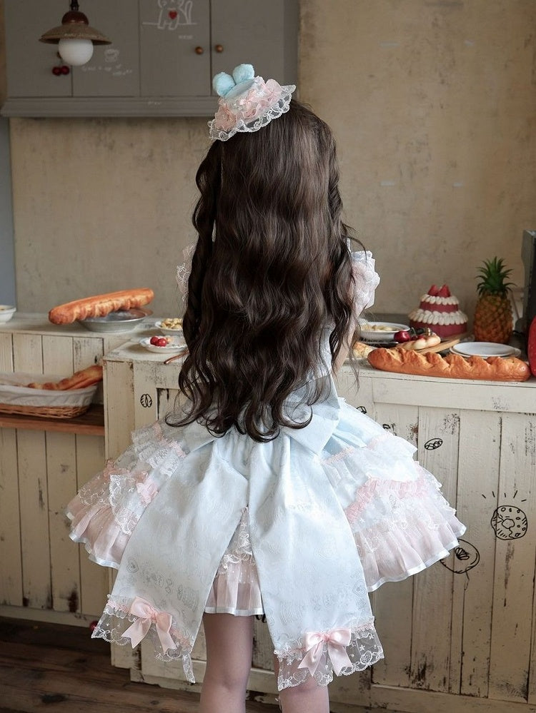 Blue & Pink Layered Lace Lolita JSK with Pearls - Miss Han
