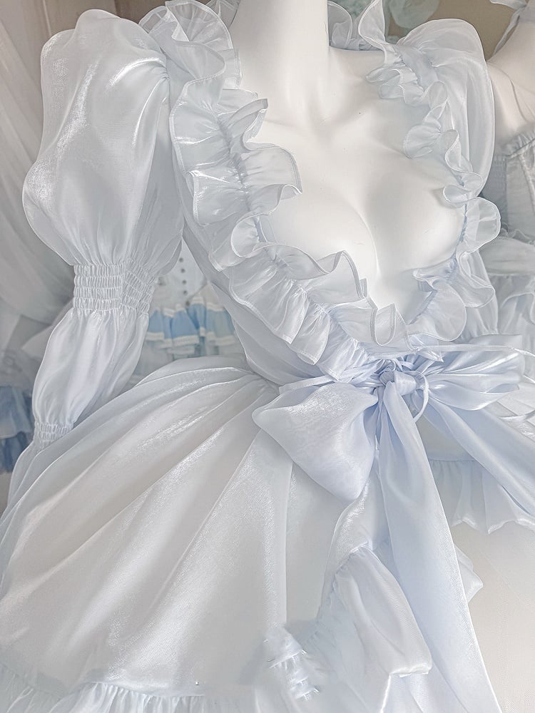 フリル付きロング丈トップス、袖はシアー、裾はカスケーディングヘム、ブルー