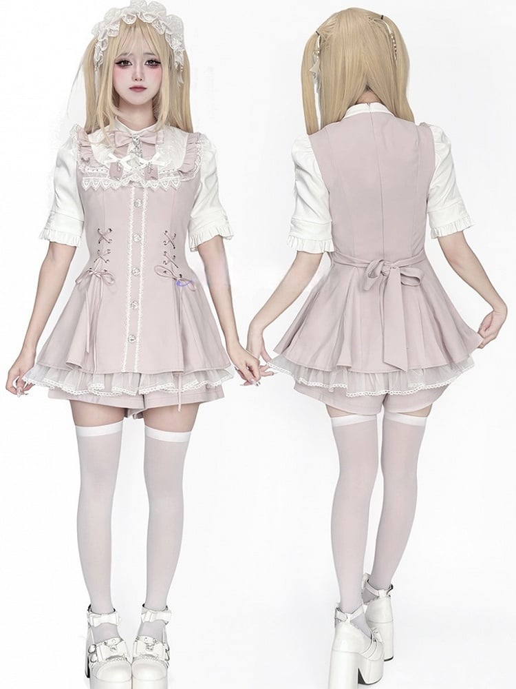 Coord Jirai Bow Bib Dress Kei Short Set: Pink Tie with Sleeve