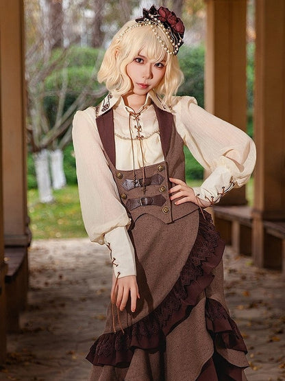 Embroidered Collar with Details Lolita Apricot Blouse and Steampunk Lace-up Gear