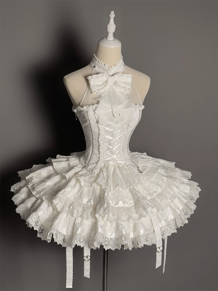 White Ruffles Gothic Strappy Lolita Skirt Tiered Heart Buckle