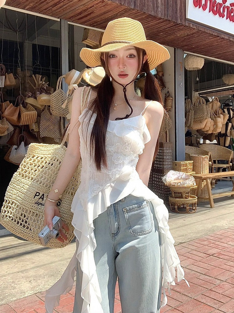 White Holiday Asymmetrical Ruffle Hem Top - Qchiwawameme