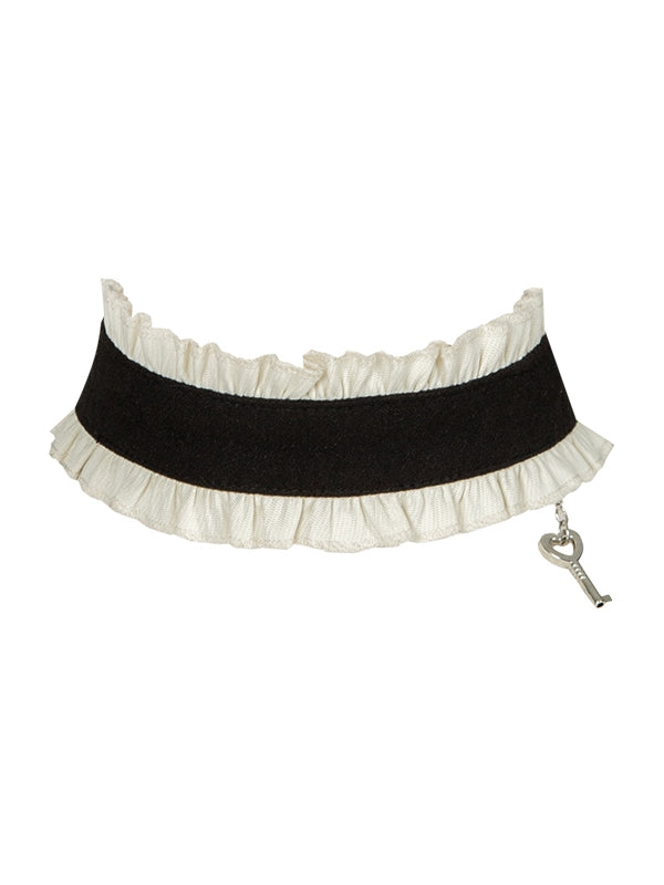 Choker Gray Black Ruffled with / Lolita Maid Key Charm Heart