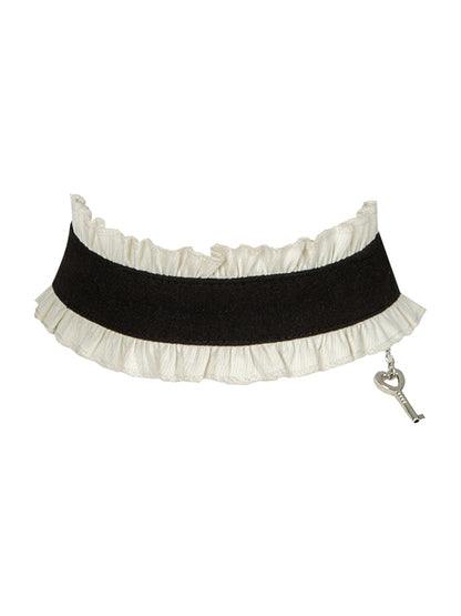 Choker Gray Black Ruffled with / Lolita Maid Key Charm Heart