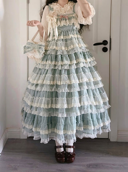 Goldfish Adjustable Dress and Green with Straps Lolita Embroidery Ruffle Multi-Layered Sweet