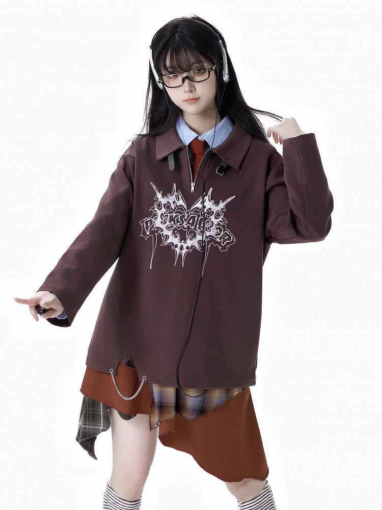 Sweatshirt mit Kragen und Grafik, braun, Polokragen, Schnallenriemen-Ausschnitt