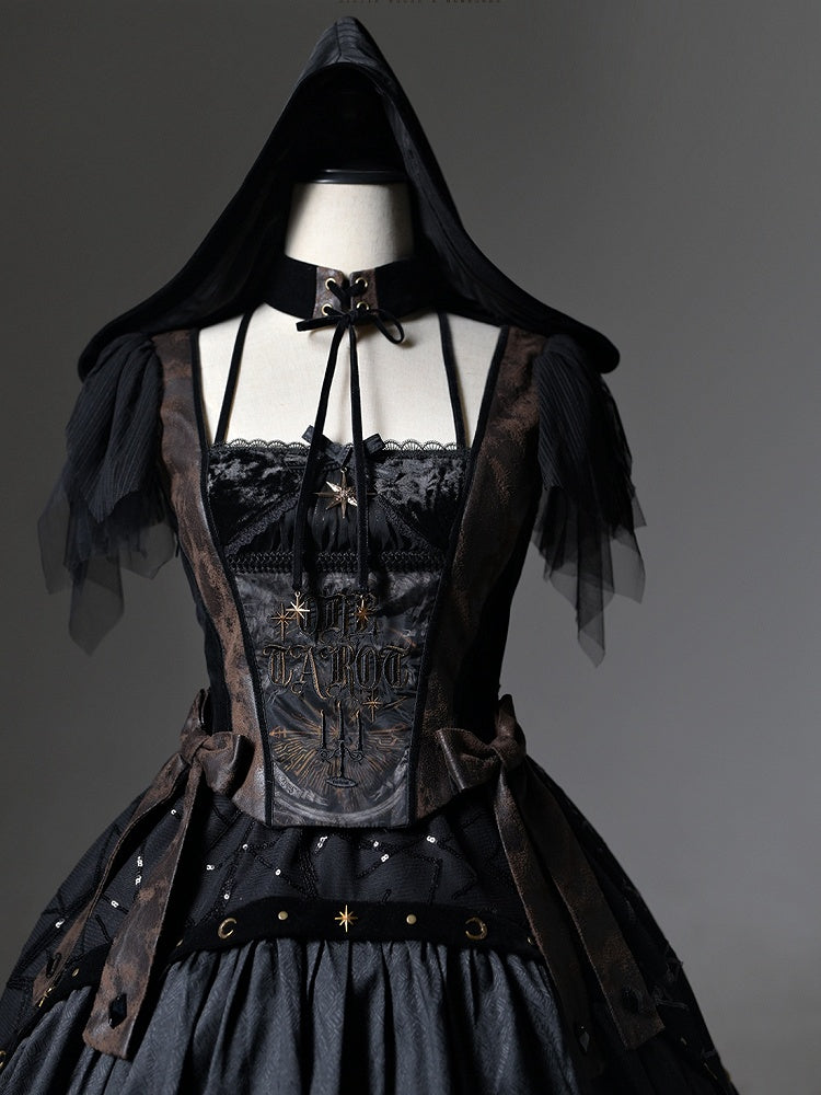 Gothic Lolita with Two-pieces Dress Detachable Tarot Hood Fake Card Print