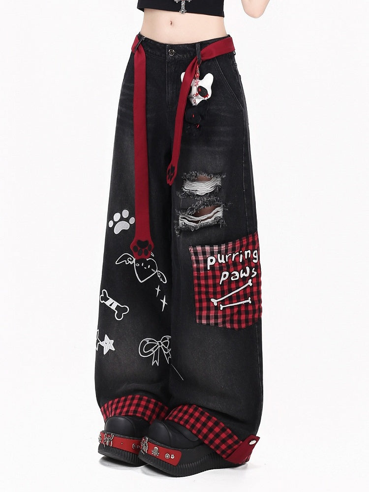 Distressed Straight-Leg Plaid Jeans with Embroidery and Belt - CRAZY GIRL