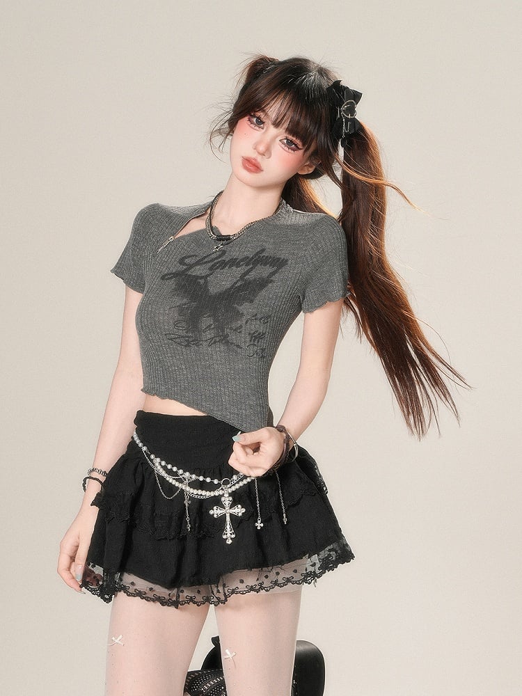 Letter Print Glamourous T-Shirt - Gray Bittersweet Crop Dark Butterfly
