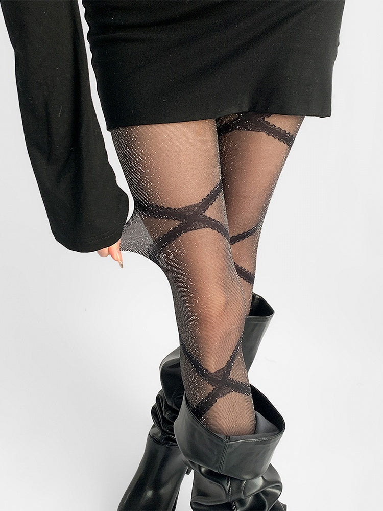 Pattern Tights Strappy Black Shimmery