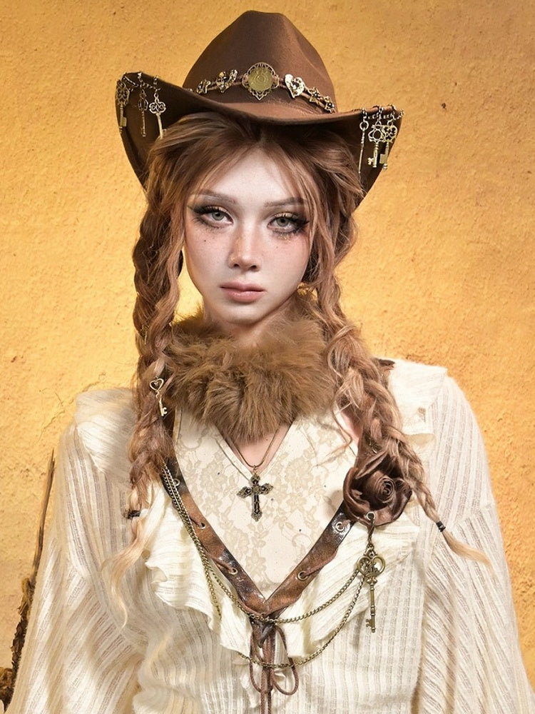 Brown Antique Brooch Rose Chains Gold Punk with Key Double Vintage