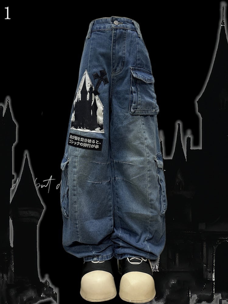 Verzierte Schnittjeans Cargo Y2K Buchstabentaschen Blau Weites Bein Applikation