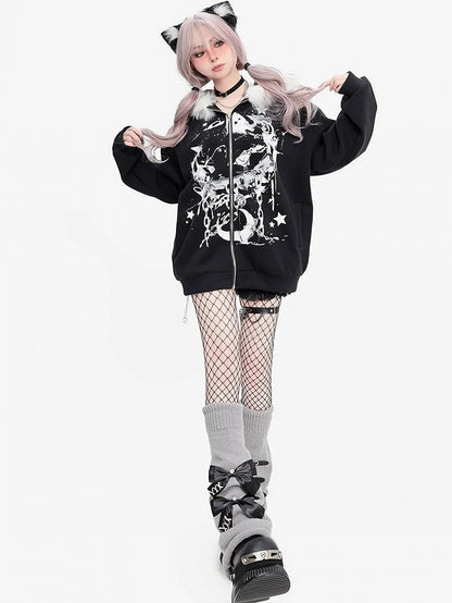 Punk Anime Cat Schwarz Dicker Kapuzenpullover mit Reißverschluss