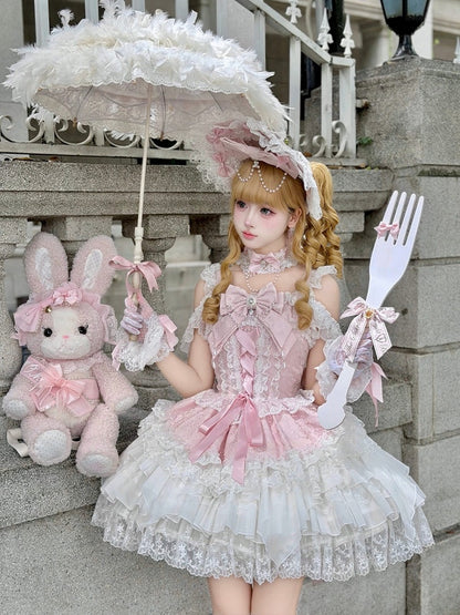 Pink Ballet Style Lace Ruffle Lolita JSK Dress with Bead Chain Bow and Back Bow Set - White Sugar Girl