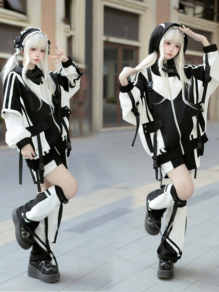 White and Landmine Black Baggy Set: Techwear Jacket