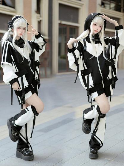 Design and Black Snap White Landmine Style Warmers Cuffs Techwear with Leg Adjustable