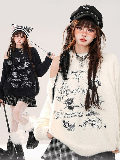 Apricot/Black Butterflies and Bows Cutout Shoulder Mohair Soft Sweater