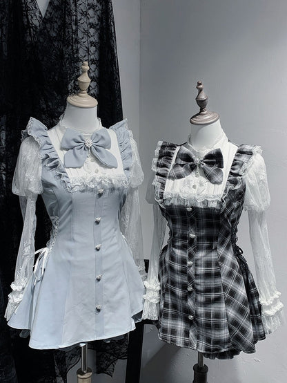 in White Blue/Black Top Light Jirai Juliet Kei Plaid Matching Set: Shorts and Sleeve