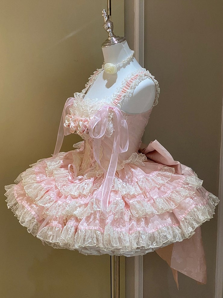 Rose Layered Lace Balletcore Accents Pink Beige Dress with