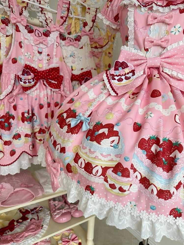 Kuchen Erdbeere Rosa Druck Ein Kurzes Süßes Stück Lolita Niedliche Kleid Ärmel