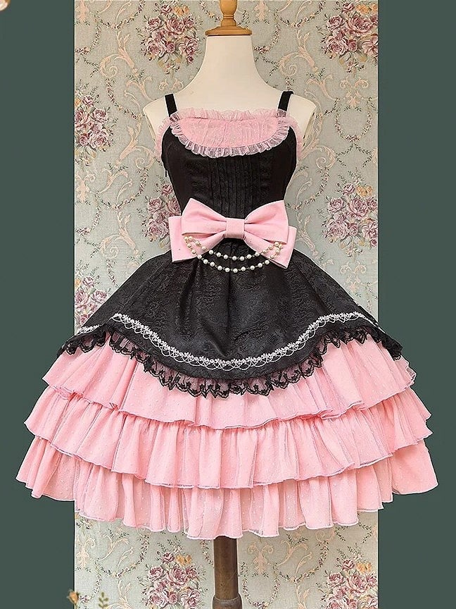 Pink Elegant Layered Black with and Dress Lolita Accents Classic Ruffle Bead Bow