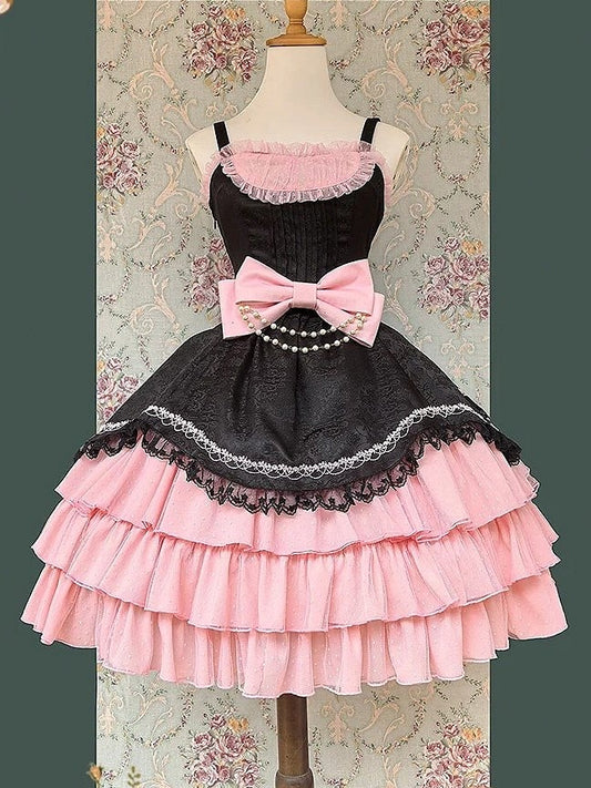 Pink Elegant Layered Black with and Dress Lolita Accents Classic Ruffle Bead Bow