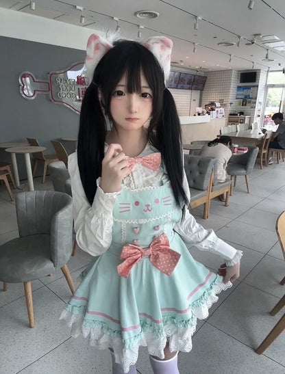 Soft Mint Green Adorable Cat Embroidered Overall Dress / White Sailor Collar Blouse