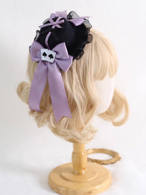 Simple Lolita Black Lace - trimmed Mini Hat with Detachable Purple Poker - themed Bowknot