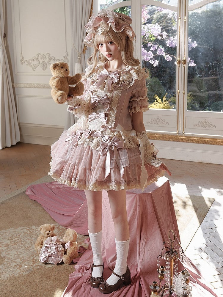 with Waist Sweet Low Sleeves Bow Lace Pink Beige Dress Ruffled Lolita and Accents