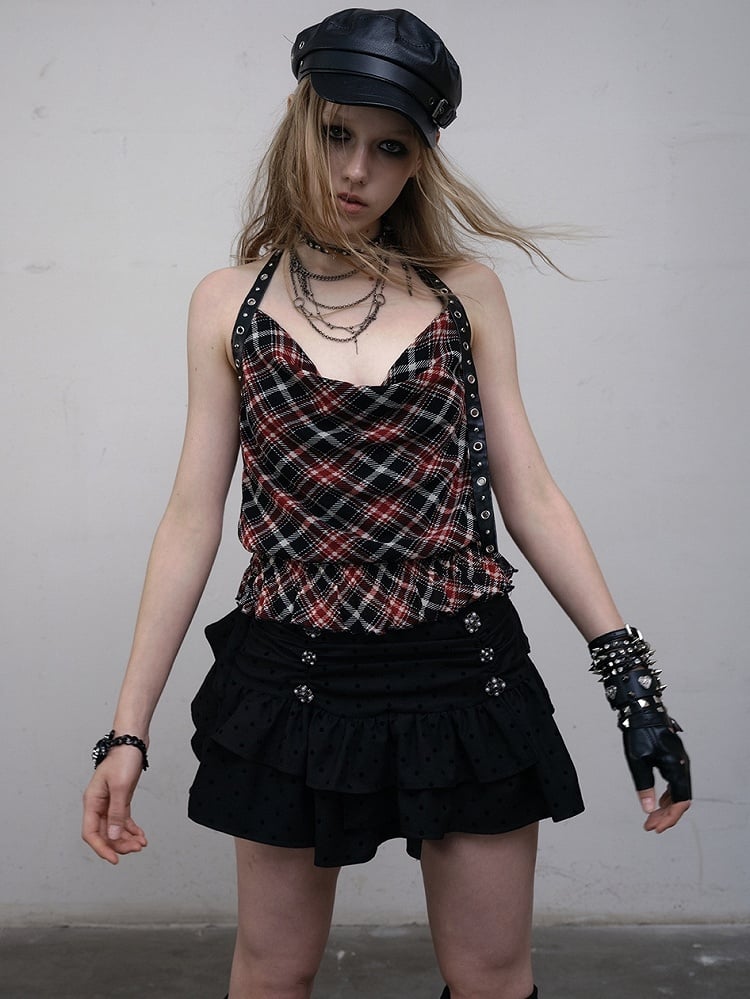 Punk Wasteland Neckholder Top Halsausschnitt Trim Muster SchwarzRot Glamourös Plaid Rüschen Kapuze