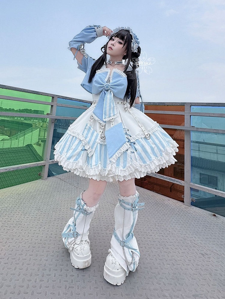 Kitty Light Bow Kaiwai Set Blaues JSK-Kleid Kurz geschnittenes Tenshi Lolita Sailor Striped Big Top Muster Ohren + - Kragen