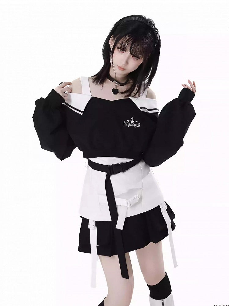 Wasteland Black V-Neck Futuristic Techwear Cropped Sweatshirt Punk