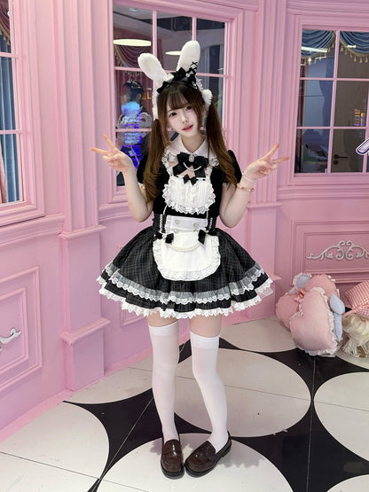 Bunny Ear Puff Sleeve Top with Lace & Bows, Black & White Maid Style - kukuwa