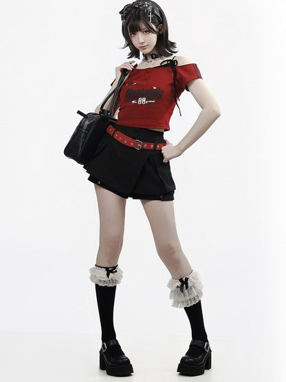 Red & Black Asymmetrical Shoulder Tee with Letter Print - PINK SAVIOR