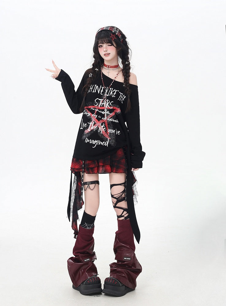 トップス ブラック アシンメトリーネックライン スター グラフィティプリント ルーズ