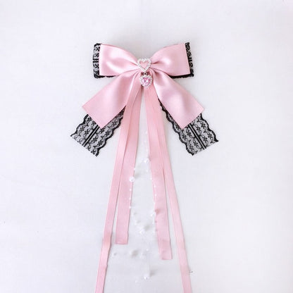 Beads Trim Colors Tassel Heart Lace Black Hairclip 4 Rhinestone with Bow