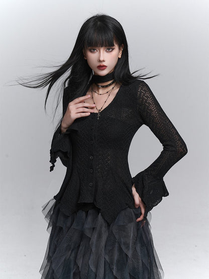 Hem Gothic Neck Irregular Strap with Cardigan Black Knit