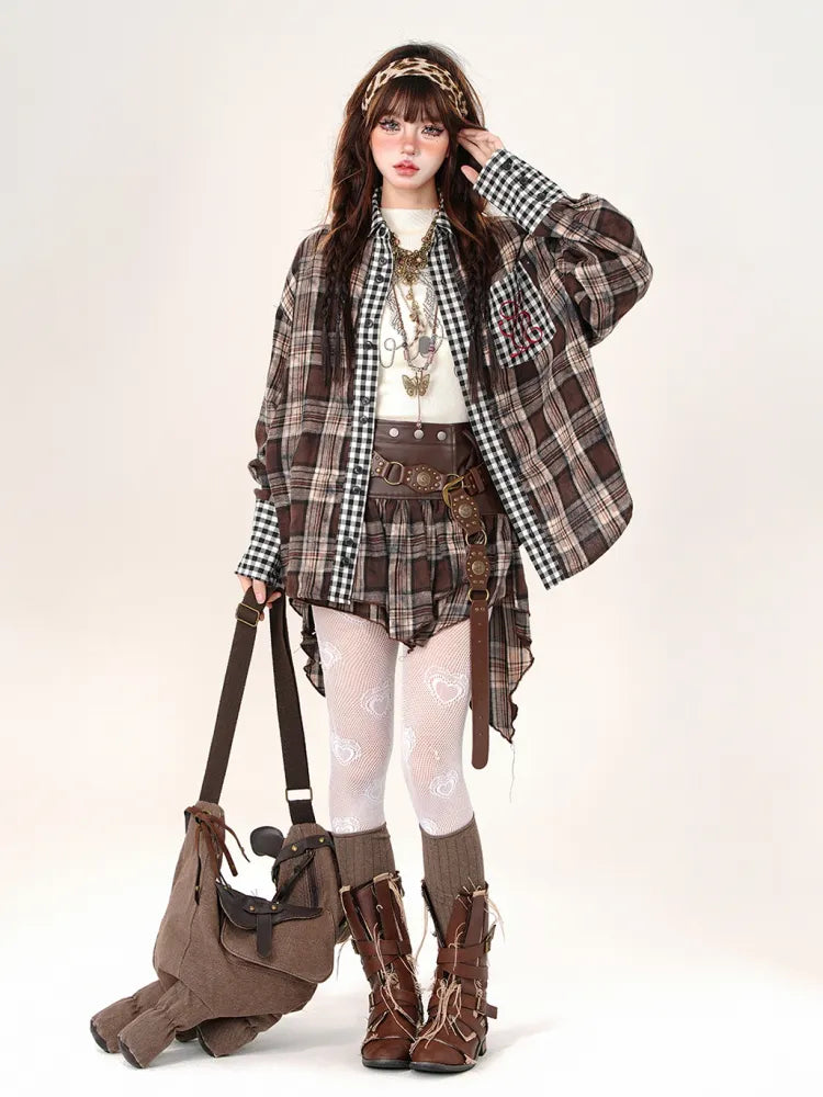 / Asymmetrical Sleeves Long Shirt Embroidered Coffee Plaid Skirt High Waist