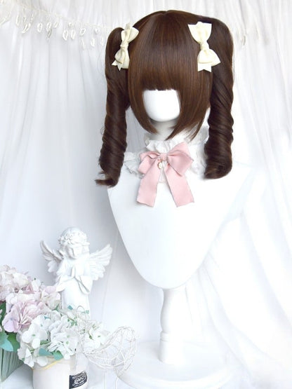 フル22cmクリップ、30cmブラウンストレートバングス、ショートポニーテールウィッグ、ダブルカーリー+ローマンクロー