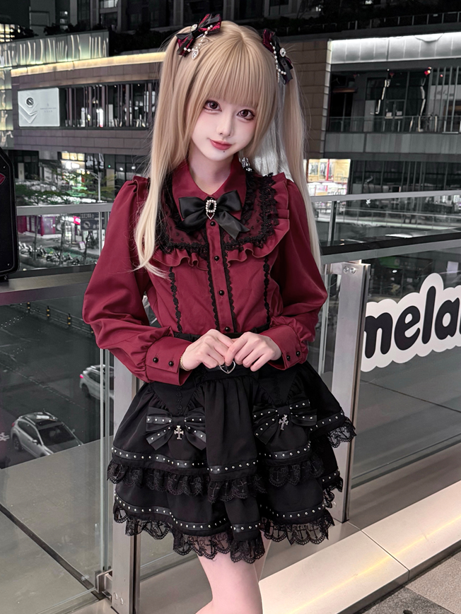 High-Waisted Skirt with Tiered Cross-Stitch Lace  Leather Strap Jirai Kei Black