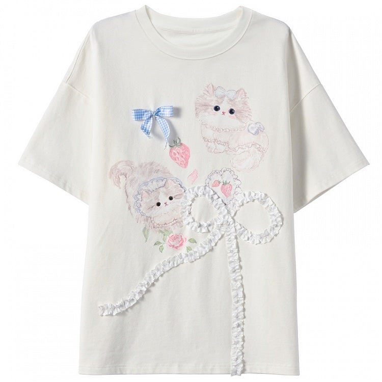 Long/Short Version Adorable Kitty Print Creamy White Round Neck T-Shirt