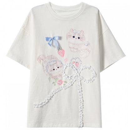 Long/Short Version Adorable Kitty Print Creamy White Round Neck T-Shirt