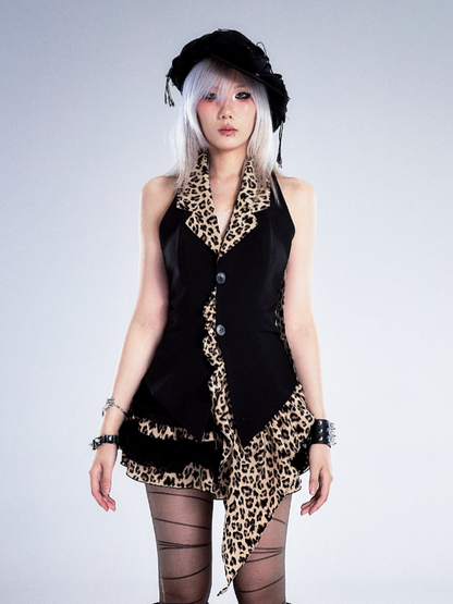 Hem Black Print Asymmetrical with Leopard Top Halter Ruffled Neck Vintage