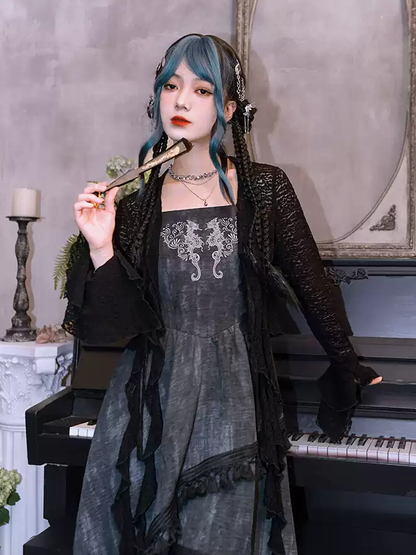 Dress Asymmetrical Tassel Hem Seahorse and Coral Embroidery Style Cami Black Cheongsam