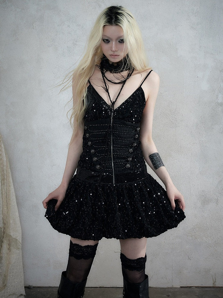 Black Double-Breasted Cami Dress with Sequin Details - NO ROMANCE